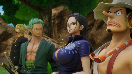 One Piece Odyssey co-op multiplayer: The Straw Hat Pirate crew conversing.