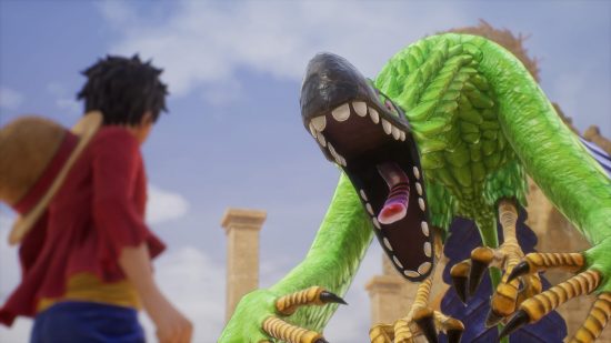 One Piece Odyssey on Nintendo Switch: Monkey D. Luffy nearly being eaten by a monster.