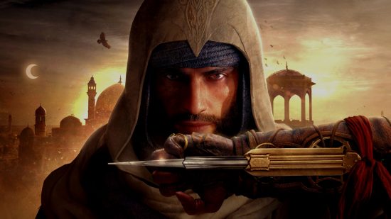Assassin's Creed Mirage release date: A close up of Basim with his assassin's hood over his head and his hidden blade in front of his face