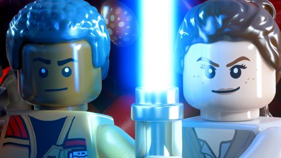 Best co-op games: Two Lego jedis seperated by a blue lightsaber in Skywalker Saga