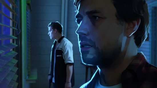 Best co-op games: Two brothers looked worried inside the motel in As Dusk Falls.