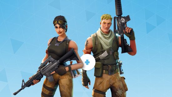 Best co-op games: Two Fortnite characters ready for battle, holding weapons.