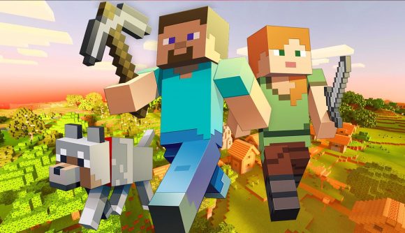 Best co-op games: Two Minecraft characters walk forward with pickaxes and their wolf