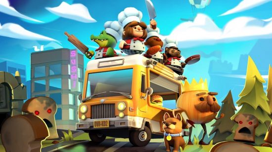 Best co-op games: Four cooks stand on a bus as the onion king looks on in Overcooked.