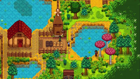 Best co-op games: A gorgeous Stardew Valley farm with mushroom trees and lots of plants.