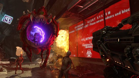 Best PS5 FPS games: Someone holds a gun in Doom Eternal and shoots at enemies