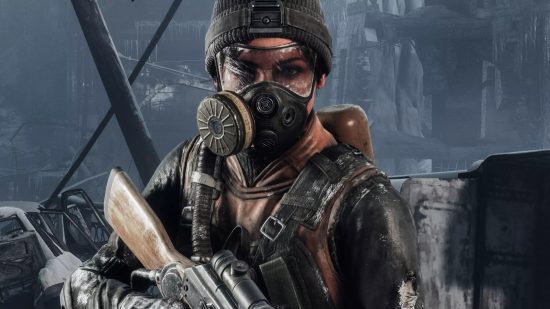 Best PS5 FPS games: a soldier in MEtro Exodus wearing a gas mask and wielding an AK-47