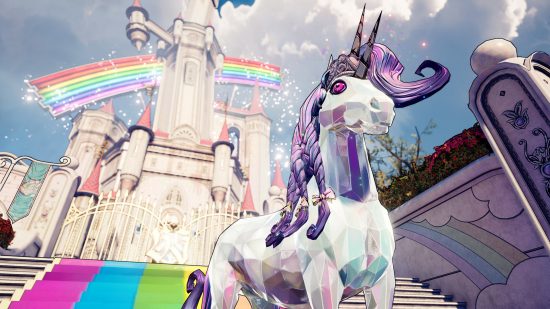 Best PS5 FPS games: a unicorn in front of a rainbow castle in Tiny Tina's Wonderlands
