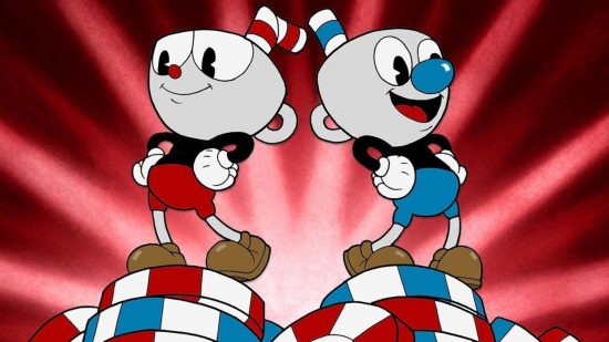 Best Switch co-op games: Cuphead and Mugman look smug standing on a podium