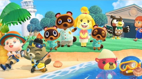 Best Switch co-op games: the villagers in Animal Crossing New Horizon stand on the bridge