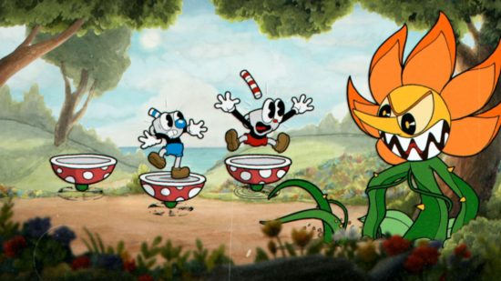 Best Switch co-op games: Cuphead and Mugman are scared of a Cuphead daisy boss