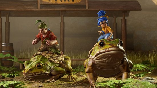 Best Switch co-op games: May and Cody ride the frog taxis in It Takes Two