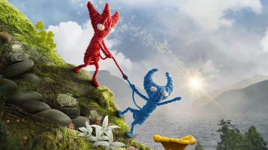 Best Switch co-op games: Two Yarn creatures help each other down a rockface in Unravel 2