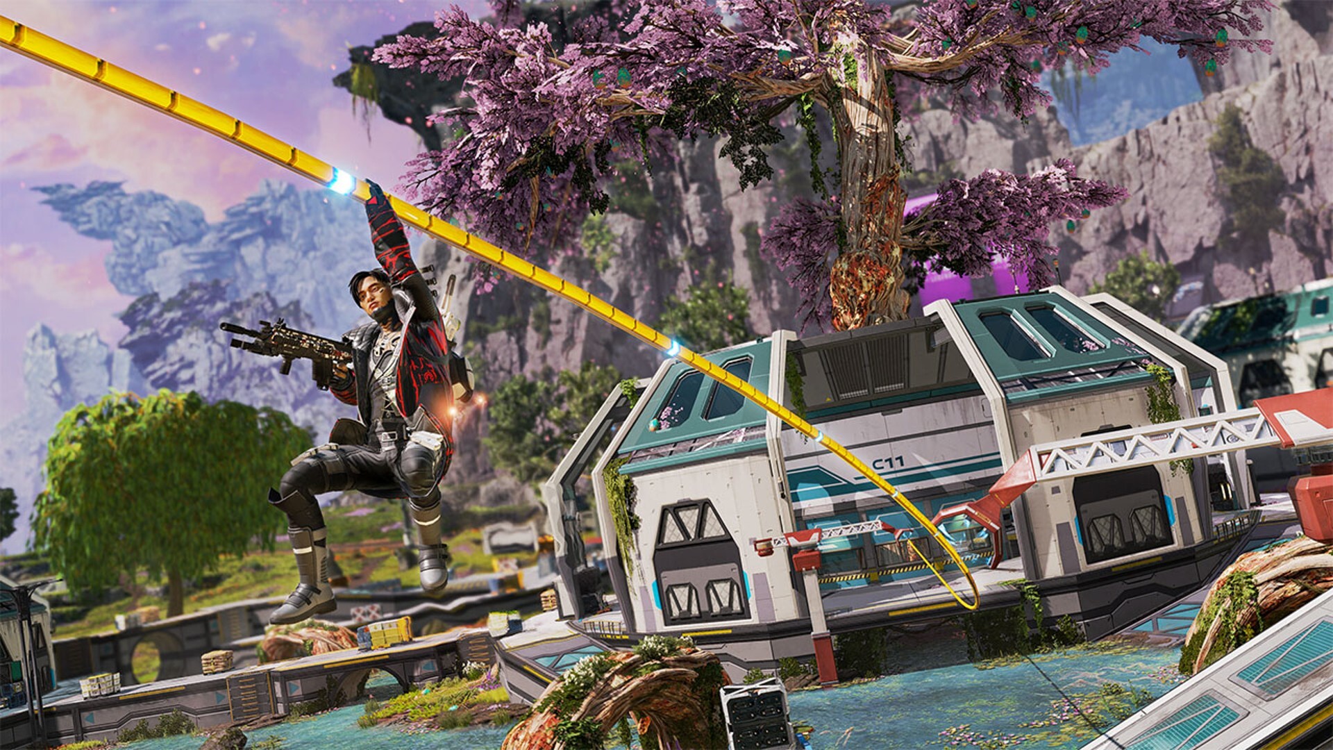 Best Switch FPS games: a player goes down the zipline in Apex legends