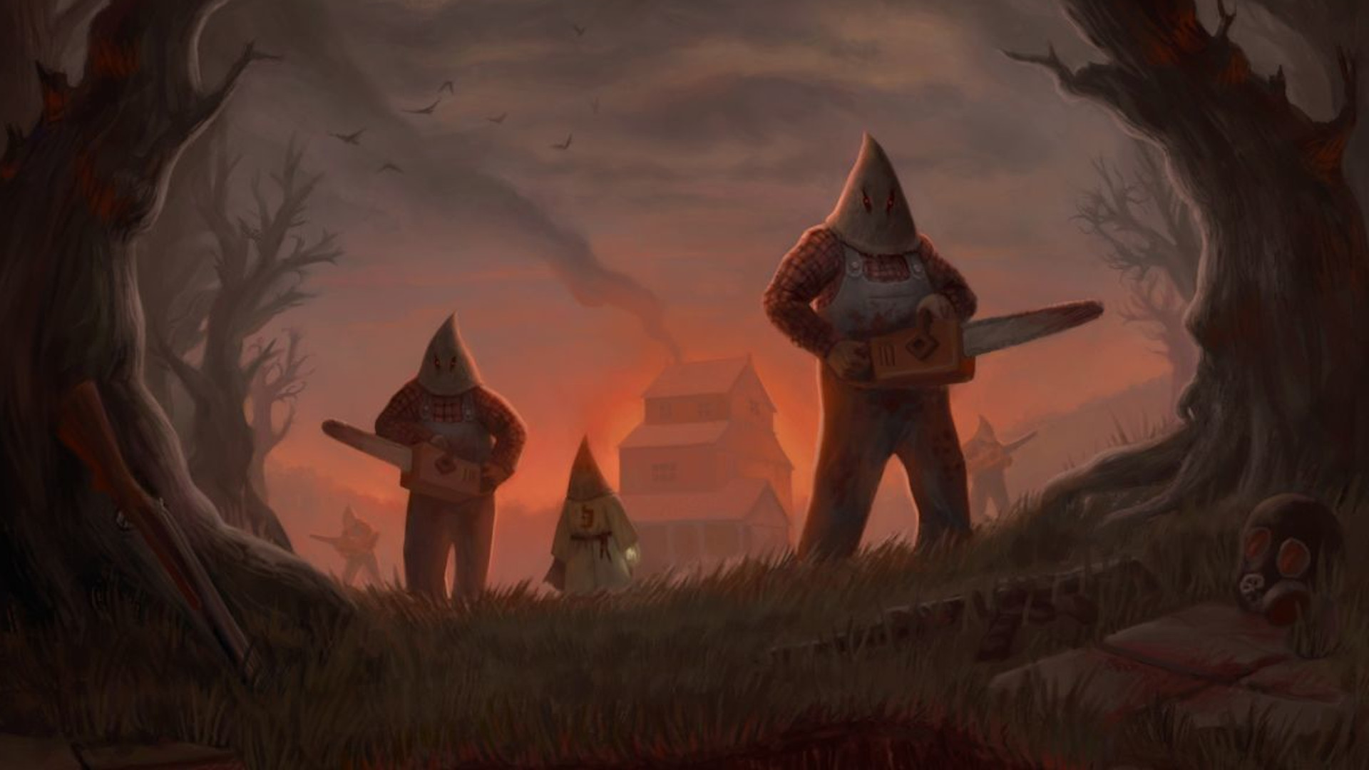 Best Switch FPS games: Two men with sacks over their heads wield chainsaws in Dusk