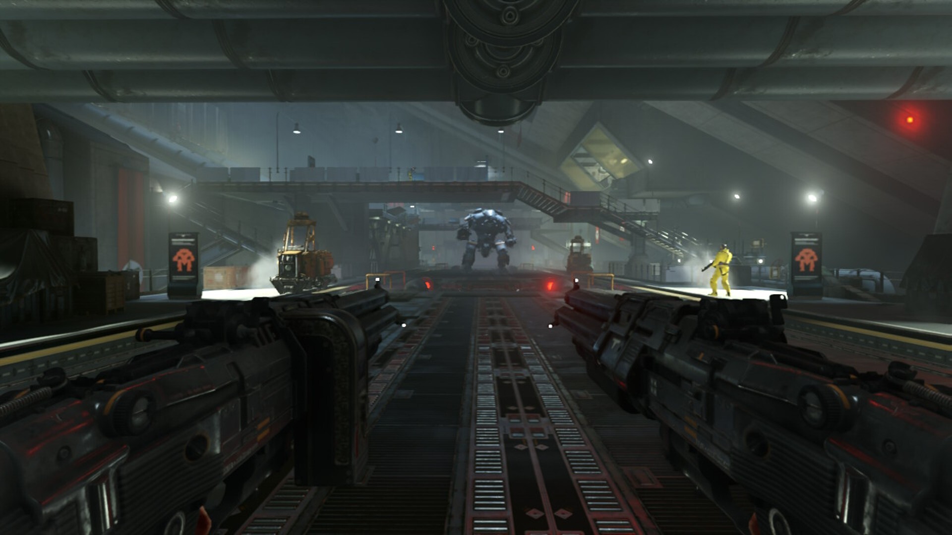 Best Switch FPS games: a metro station undeground with a mech at the end