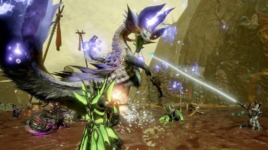 Best Switch RPG games: Hunters fighting a Violet Mizutsune in Monster Hunter Rise