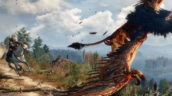 Best Switch RPG games: Geralt chasing a Griffin in The Witcher 3