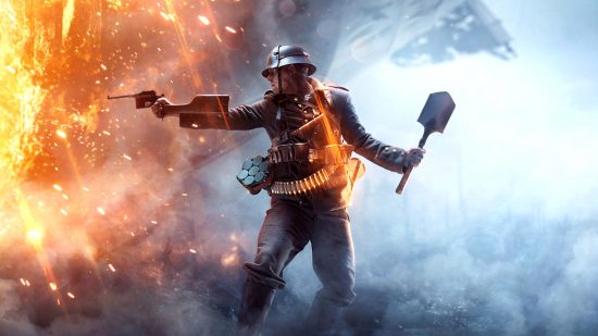 Best Xbox FPS games: a German soldier in Battlefield 1 holding a pistol in one hand and a shovel in another