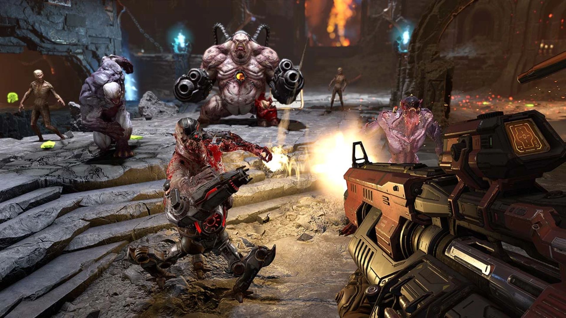 Best Xbox FPS games: a soldier fights several enemies with a gun in Doom Eternal