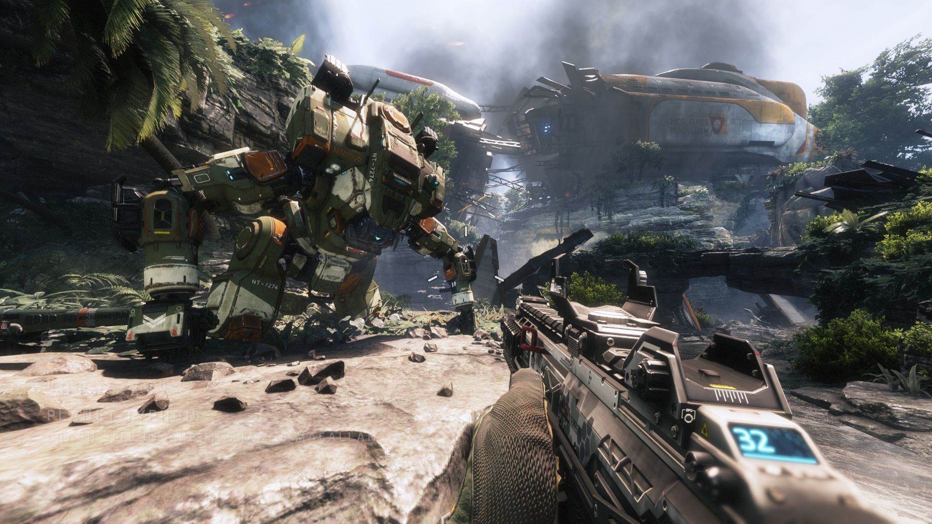 Best Xbox FPS games: A soldier watches a mech fight someone in Titanfall 2