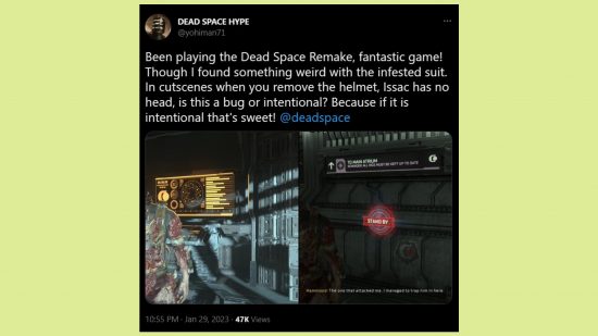 Dead Space Isaac headless Infested Suit: an image of the tweet in mention