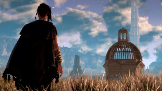 Forspoken Early Access: Frey staring at a building in Athia in Forspoken