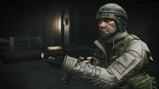 Escape From Tarkov scav nerf: A soldier in grey military gear aims an assault rifle