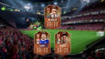 FIFA 23 Fut Centurions: three FIFA 23 Ultimate Team cards posted onto a blurred image of a football stadium