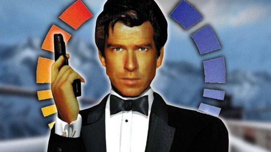 Actor Pierce Brosnan as James Bond in a tuxedoin the game Goldeneye 007