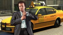 Michael from GTA 5 stood next to a taxi from GTA Online