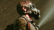 Joel wearing a gas mask to protect him from spores in the last of us