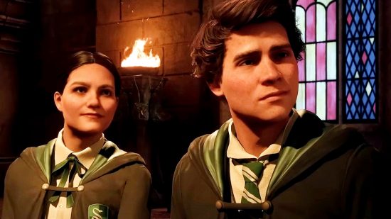 Hogwarts Legacy combat builds teaser talents: an image of two Slytherin students from the Harry Potter game