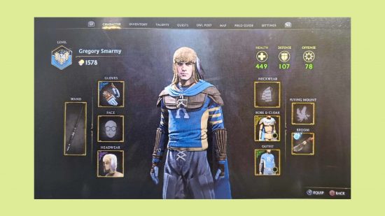 Hogwarts Legacy leak Quidditch gear: an image of an art book page showing an inventory for the Harry Potter RPG