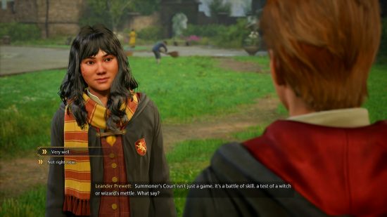 Hogwarts Legacy preview gameplay: an image of a witch and wizard speaking outside in the new Harry Potter game