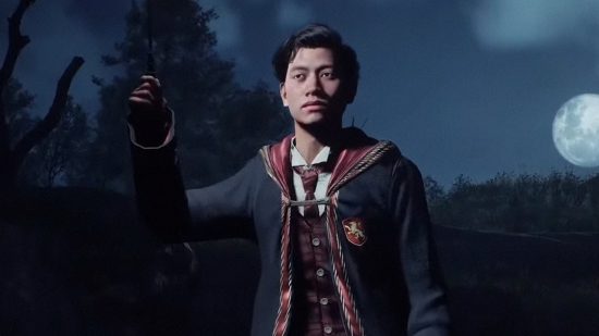 A wizard with a wand in Hogwarts Legacy