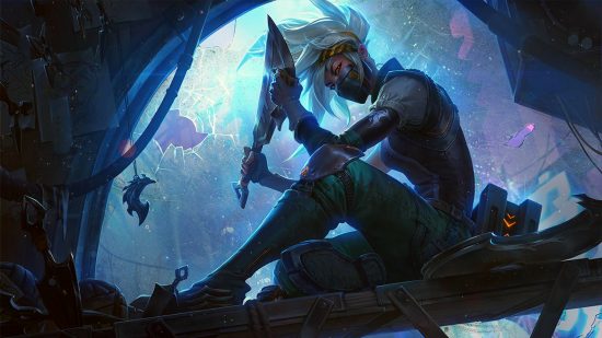 LoL Language settings: A splash art for Silverfang Akali, which shows her sat holding a large machete-like weapon