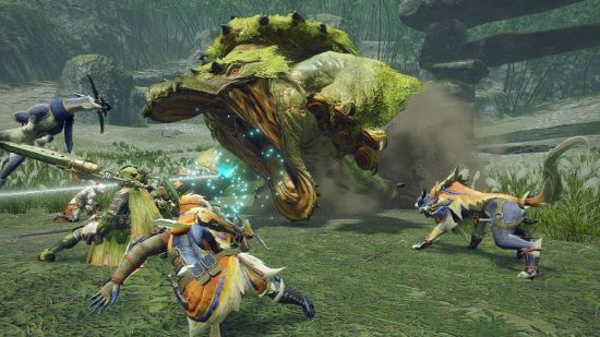 Monster Hunter Rise Affinity: Multiple hunters can be seen fighting