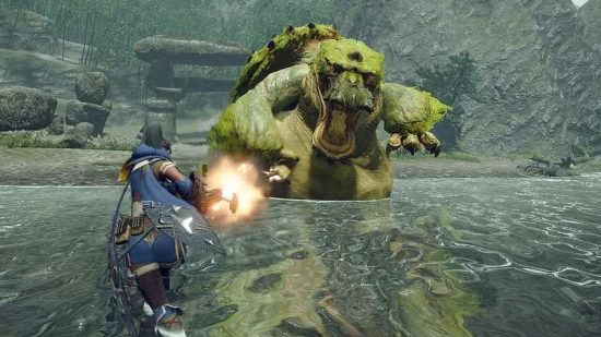 Monster Hunter Rise Wisplanterns: a hunter can be seen fighting a monster