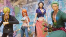 One Piece Odyssey Bond Arts: Sanji, Nami, Robin, and Zoro about to launch a coordinated attack