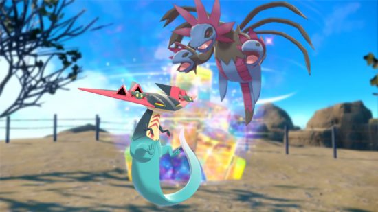 Pokemon Scarlet and Violet Dragapult Hydreigon tera raid: A blurred image of a tera raid crystal with artwork of Hydreigon and Dragapult imposed on top