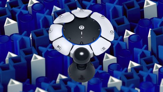 Project Leonardo PS5 exclusive: A prototype of Project Leonardo, a PS5-specific controller built with accessibility in mind, on a PlayStation themed background made out of the iconic PlayStation button shapes