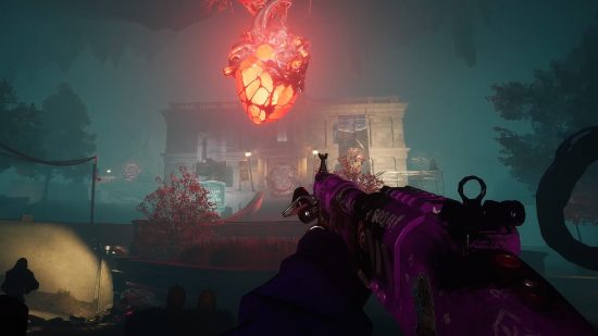 Redfall Crossplay: A player can be seen holding a gun and looking at a large heart