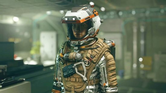 Starfield showcase 2023: A female character in a white space helmet and brown space suit