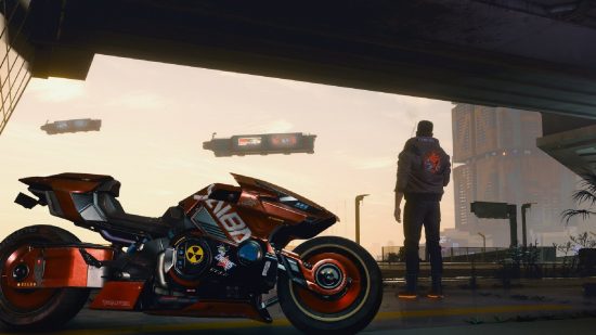Best RPG Games: V with his motorbike in Cyberpunk 2077