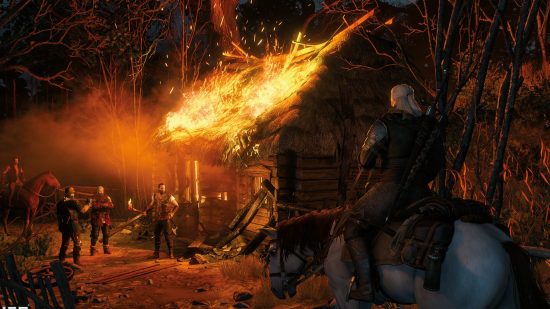Best RPG games: Geralt riding on a horse towards a fire in The Witcher 3