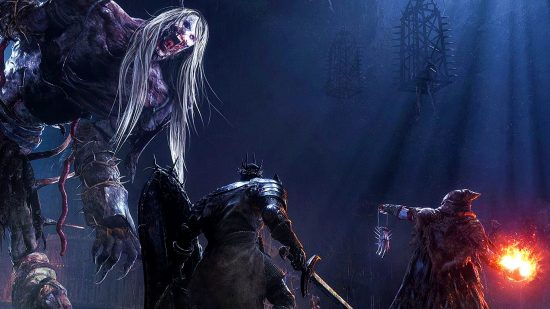 The Lords of the Fallen boss Elden Ring Malenia: an image of two men fighting a creature in concept art for the action RPG