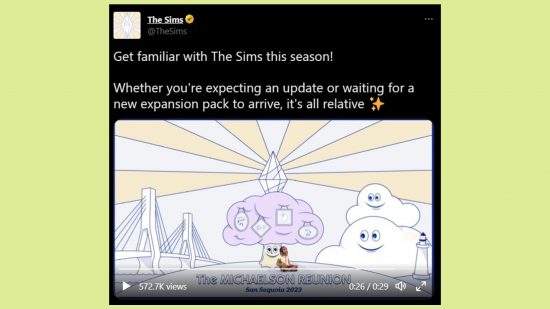 The Sims 4 generations update teaser: an image of the tweet in question