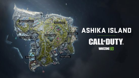 Warzone 2 ashika island map - a top down view of the new Resurgence map Ashika Island, with names of points of interest imposed over the top