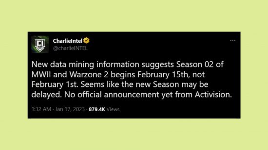 Warzone 2 Season 2 start delay rumour: an image of a CharlieIntel tweet on the FPS game update delay